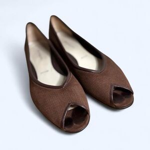 Vintage Italian Amalfi Brown Perforated Leather Peep-Toe Flats